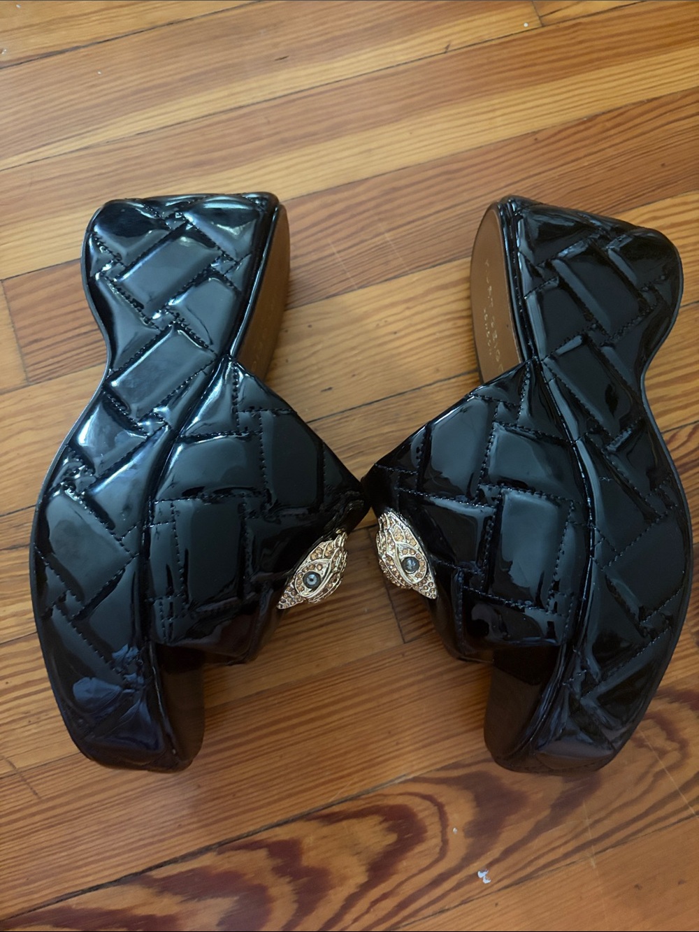 Kurt Geiger Black Patent Quilted Platform Slide with Gold Medallion - Picture 6 of 11